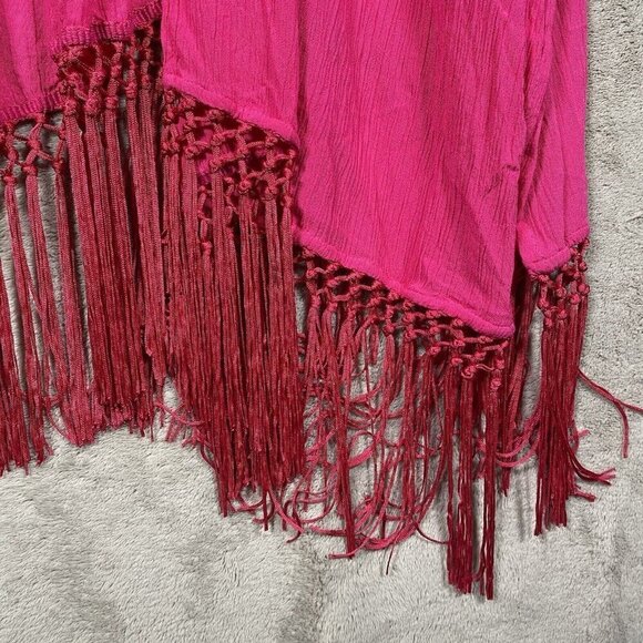 CHICOS Ruana Wrap Floral Embroidered Berry Pink Fringe Bohemian Vacation Beach - Picture 9 of 11
